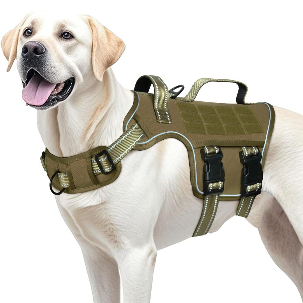 RunFido Tactical Dog Harness No Pull Large Khaki Vest 2 Handles Reflective
